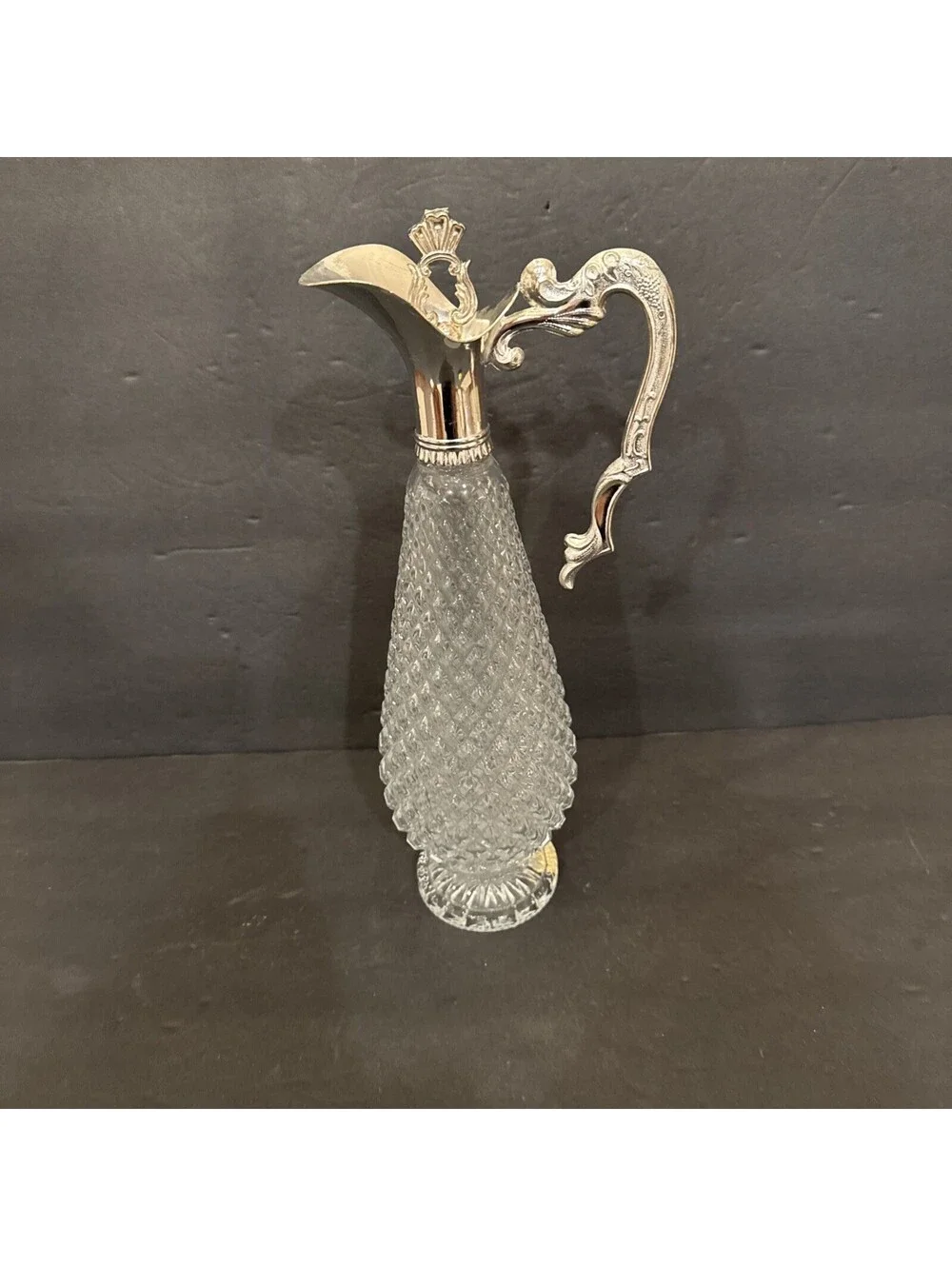 Vintage Italian Crystal Decanter Silver Plate Glass Carafe Wine Pitcher 13.5” H